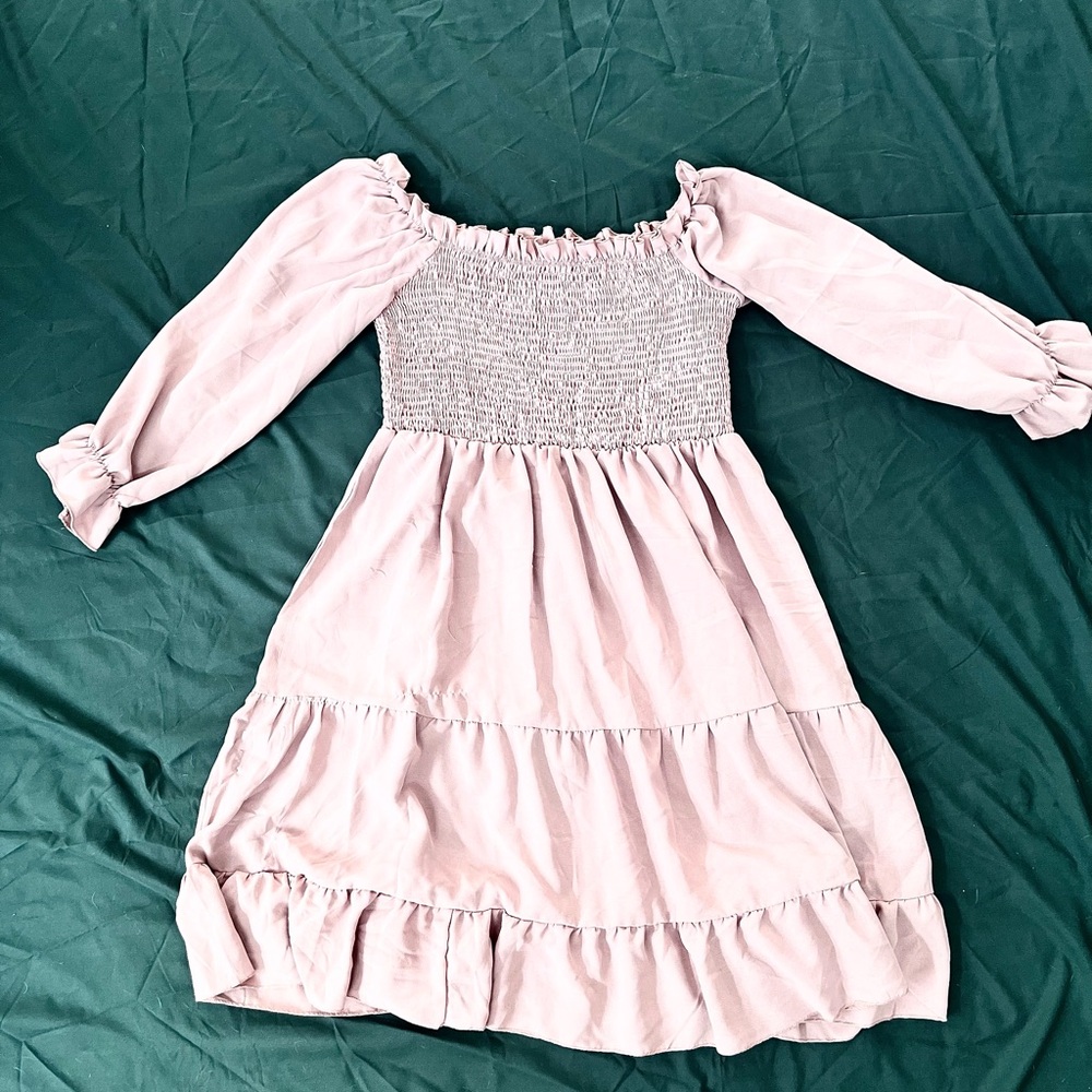 Beige Long Sleeve Mini Tier Dress